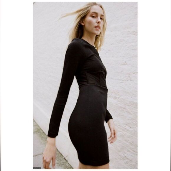 Zara Dresses & Skirts - ZARA Long Sleeve Mesh Insert Boned Mini Dress in Black | SZ XS